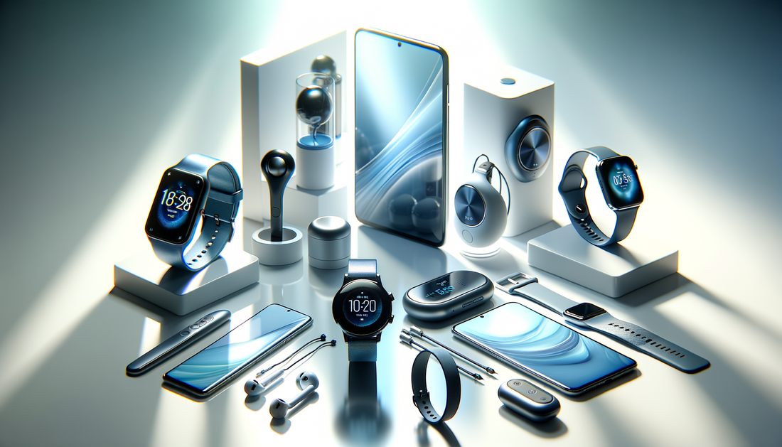 assorted electronics and fashion items on a bright, modern white tabletop with soft natural light