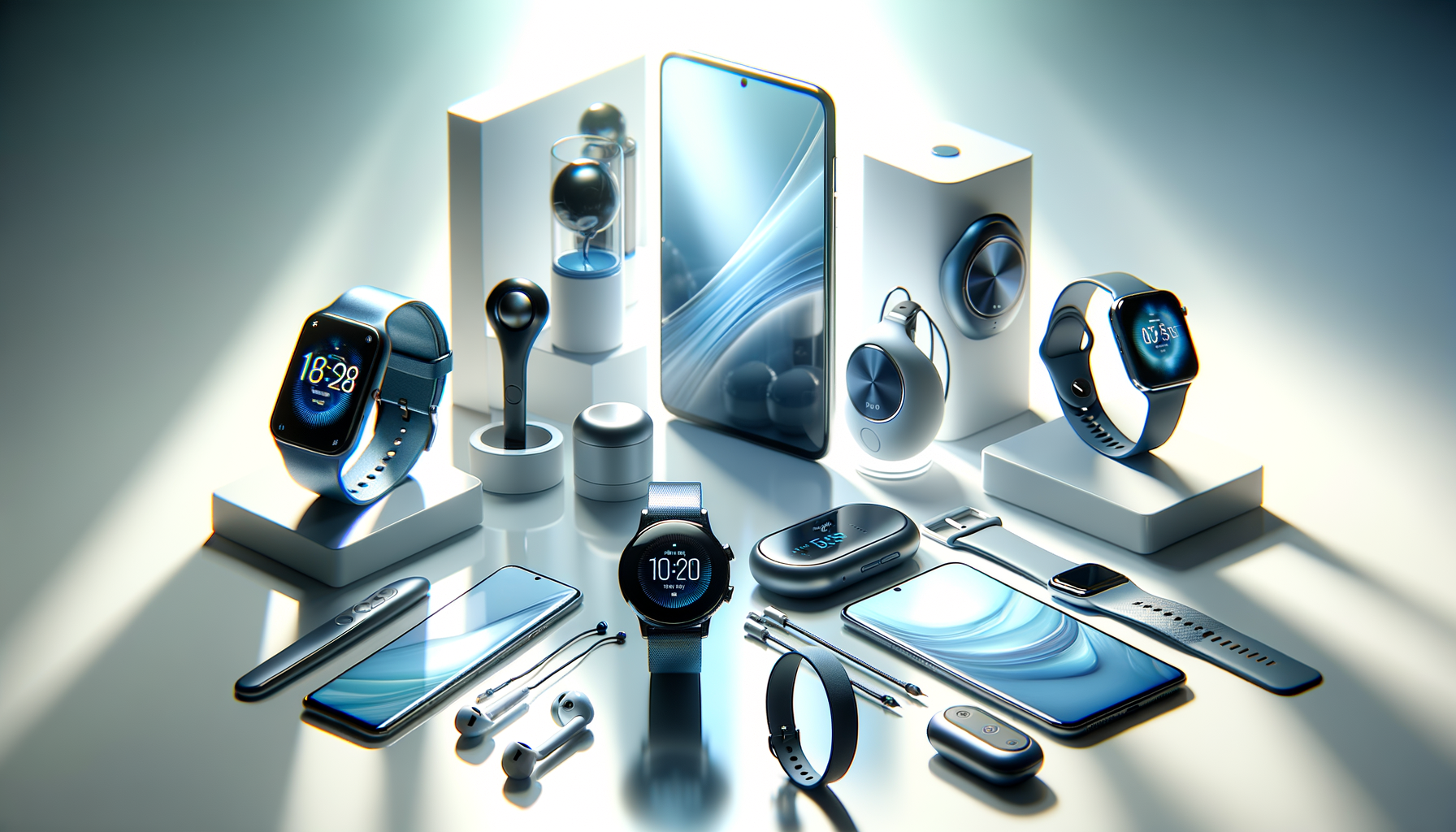 assorted electronics and fashion items on a bright, modern white tabletop with soft natural light