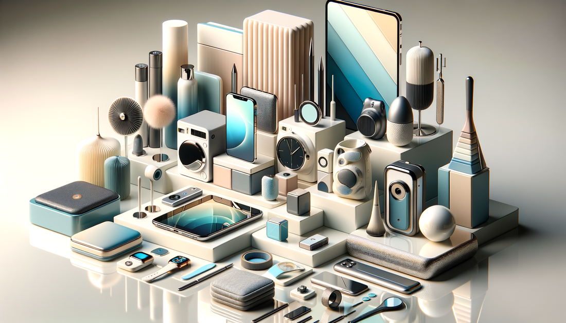 assorted electronics and lifestyle items on a bright, modern surface with soft natural light