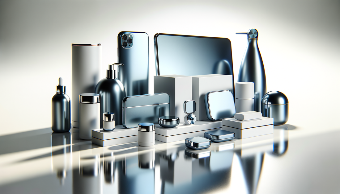 various modern electronics and lifestyle items on a bright, minimalist white table