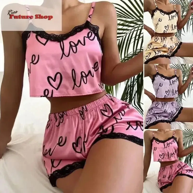 2 Pieces Set Women'S Pajama Shorts Suit Homewear Print Underwear Pijama Sexy Lingerie Camisoles Tanks Nighty Ladies Sleepwear - Rios Future Shop