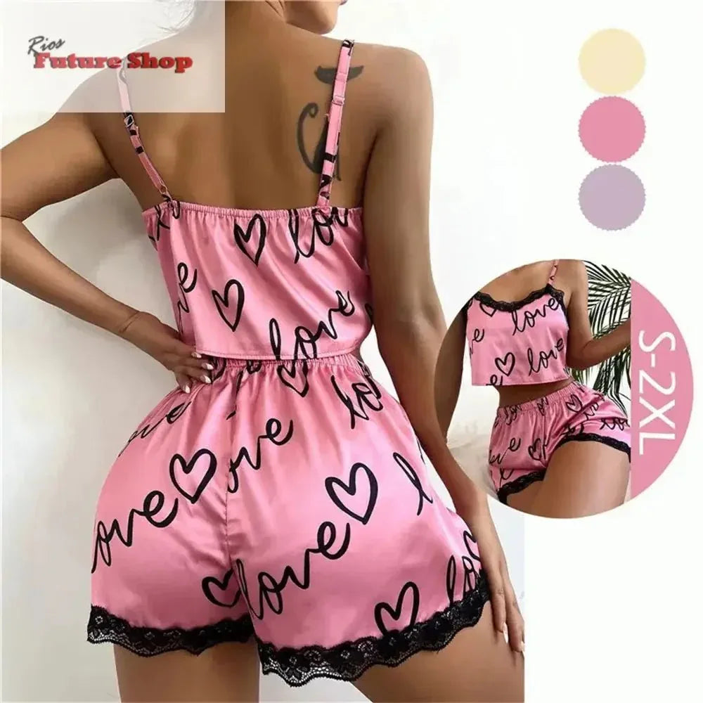 2 Pieces Set Women'S Pajama Shorts Suit Homewear Print Underwear Pijama Sexy Lingerie Camisoles Tanks Nighty Ladies Sleepwear - Rios Future Shop