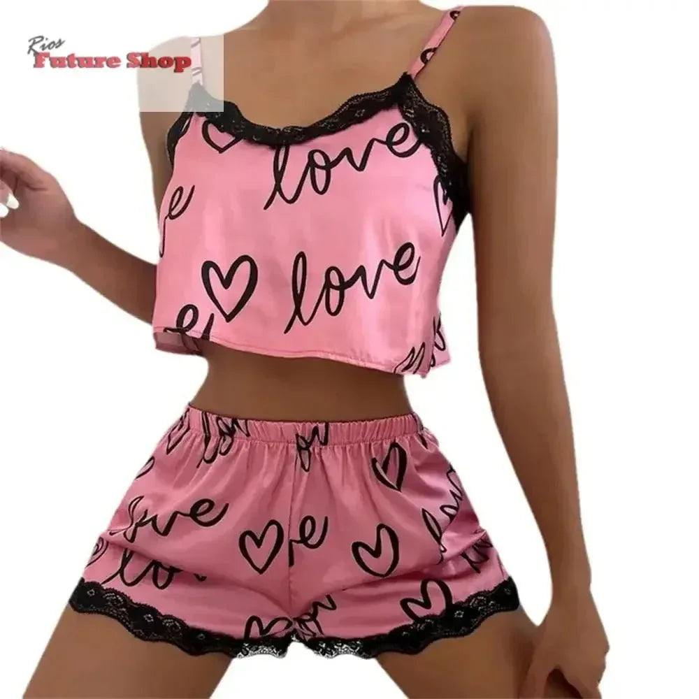 2 Pieces Set Women'S Pajama Shorts Suit Homewear Print Underwear Pijama Sexy Lingerie Camisoles Tanks Nighty Ladies Sleepwear - Rios Future Shop