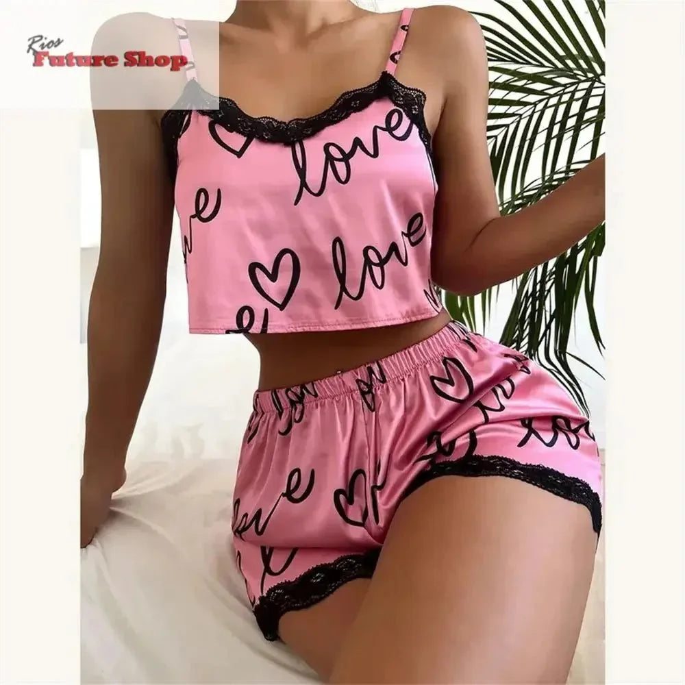 2 Pieces Set Women'S Pajama Shorts Suit Homewear Print Underwear Pijama Sexy Lingerie Camisoles Tanks Nighty Ladies Sleepwear - Rios Future Shop
