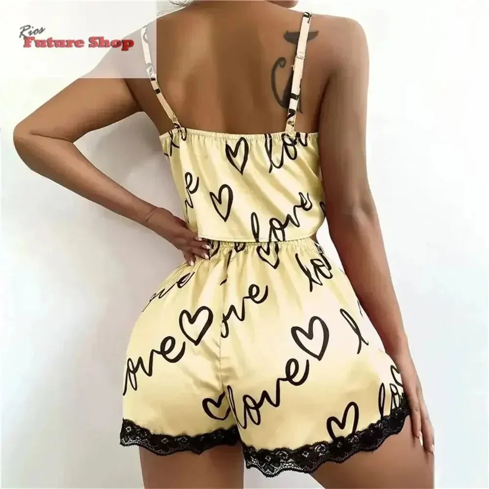 2 Pieces Set Women'S Pajama Shorts Suit Homewear Print Underwear Pijama Sexy Lingerie Camisoles Tanks Nighty Ladies Sleepwear - Rios Future Shop