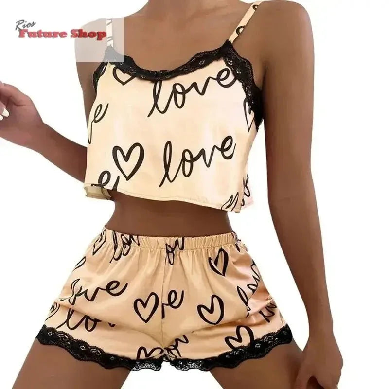 2 Pieces Set Women'S Pajama Shorts Suit Homewear Print Underwear Pijama Sexy Lingerie Camisoles Tanks Nighty Ladies Sleepwear - Rios Future Shop