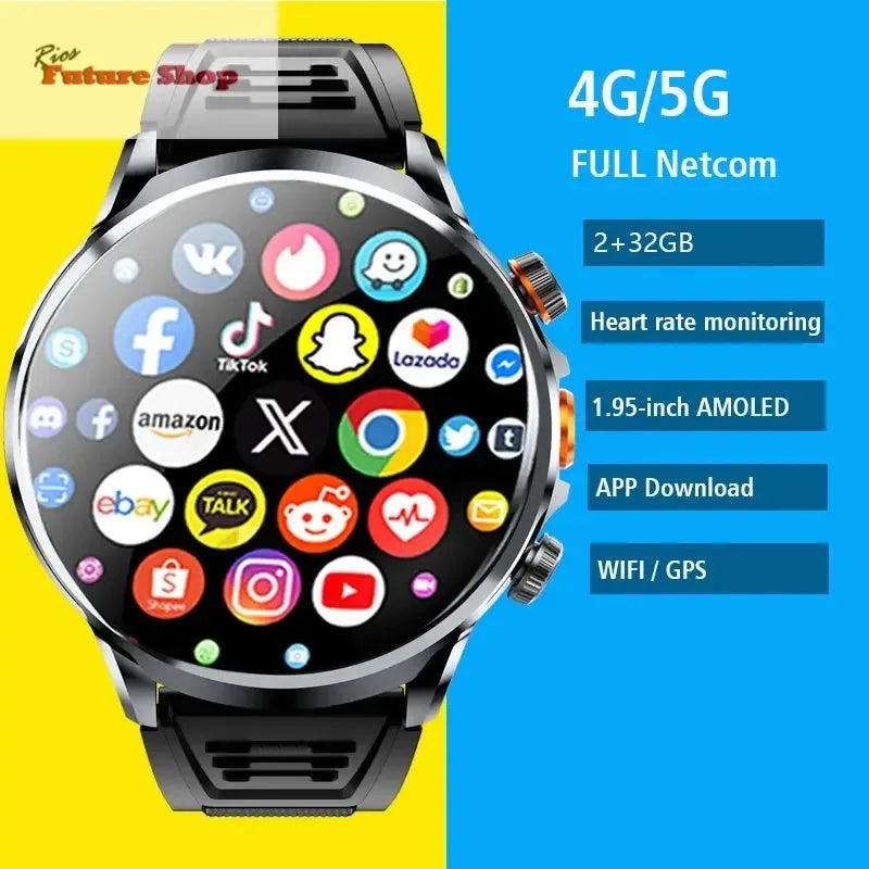 2025 novo relógio inteligente 4g android 1.95 polegada ips 360*360 tela com câmera 200w gps wifi 32gb rom smartwatch com bateria 1100mah - Rios Future Shop