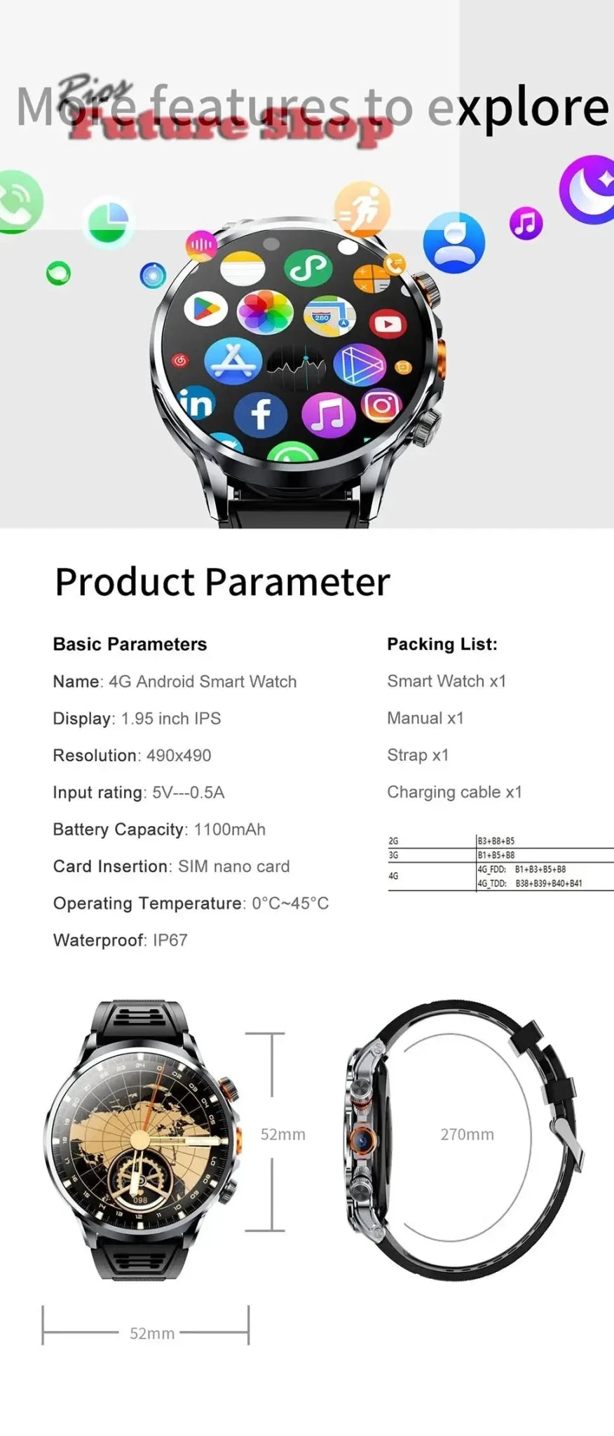 2025 novo relógio inteligente 4g android 1.95 polegada ips 360*360 tela com câmera 200w gps wifi 32gb rom smartwatch com bateria 1100mah - Rios Future Shop
