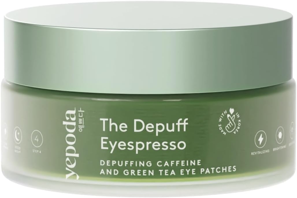 Yepoda The Depuff Eyespresso Caffeinated Green Tea Eye Patches - Reduce Puffiness and Revitalize Contour - Vegan, Korean, Suitable for All Skin Types - 60 pcs/90g