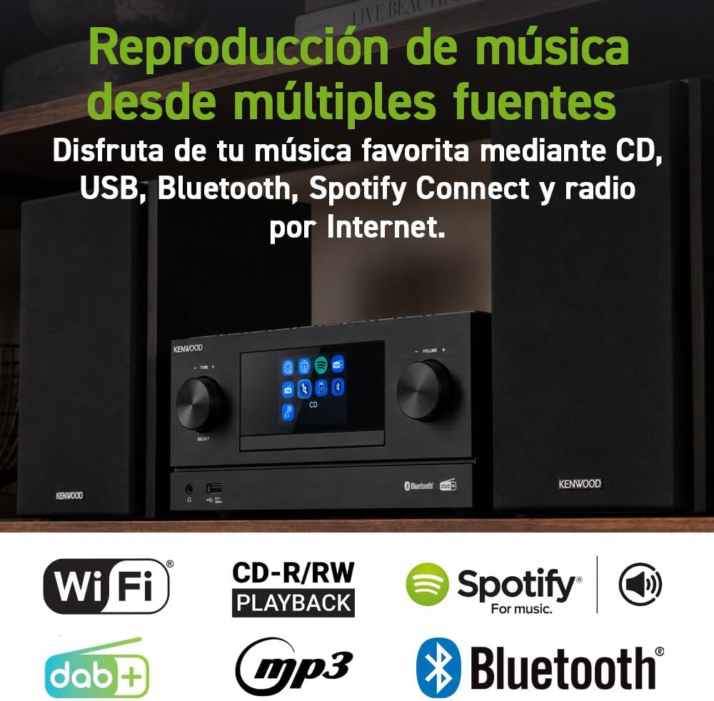 Kenwood M-9000S-B - Micro Sistema Hi-Fi com CD, Dab +, Rádio por Internet, Spotify, FM, Bluetooth, USB e Grande Ecrã TFT a Cores