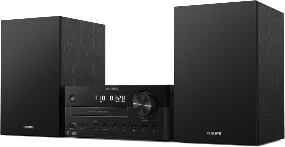 Philips TAM4555M2 Sistema micro Hi-Fi, 100W, altifalantes com Bass Reflex, DAB / FM, CD, USB, entrada de áudio, Bluetooth 5.4, Auracast, controlo remoto, pré-configurações de som digital, embalagem