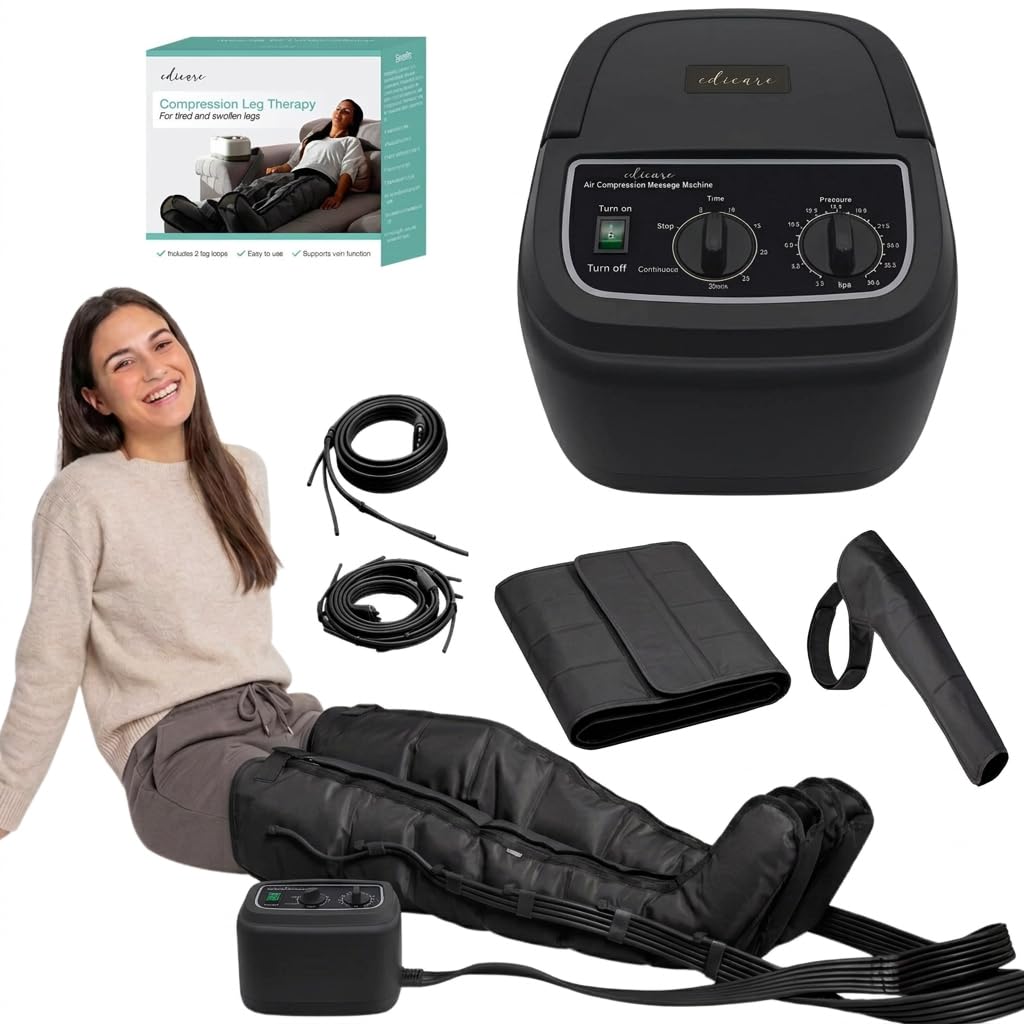 Edicare, Home Pressotherapy for Tired Legs and Feet, 6 Valves, Promotes Better Circulation, Lymphatic Drainage, Easy Use, Professional Efficiency (Device and Legs)