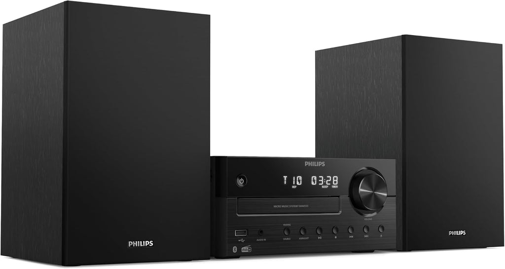 Philips TAM4555M2 Sistema micro Hi-Fi, 100W, altifalantes com Bass Reflex, DAB / FM, CD, USB, entrada de áudio, Bluetooth 5.4, Auracast, controlo remoto, pré-configurações de som digital, embalagem