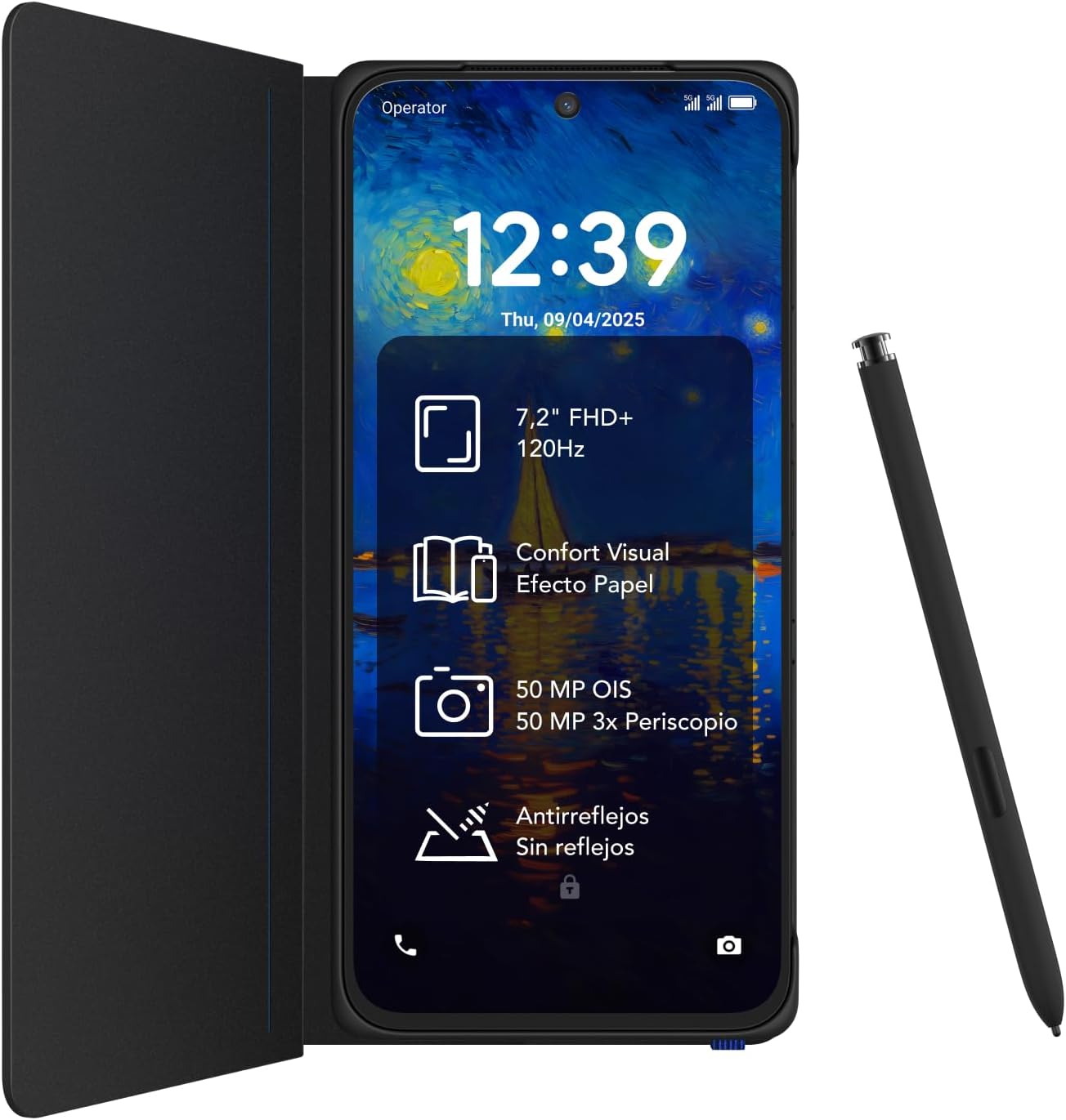 TCL NXTPAPER 60 Ultra 5G Android Smartphone, 7.2 Inch FHD+ Display, 12GB RAM + 512GB ROM, Eye-Protection Phone, Nebula Black, with Flip Case and Stylus