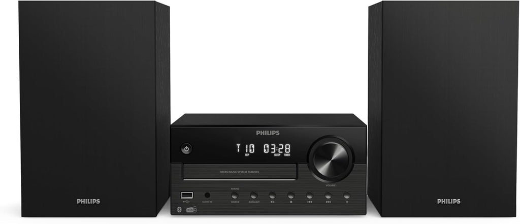Philips TAM4555M2 Sistema micro Hi-Fi, 100W, altifalantes com Bass Reflex, DAB / FM, CD, USB, entrada de áudio, Bluetooth 5.4, Auracast, controlo remoto, pré-configurações de som digital, embalagem