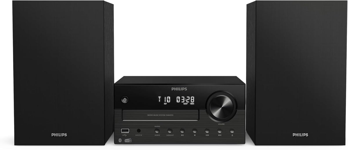 Philips TAM4555M2 Sistema micro Hi-Fi, 100W, altifalantes com Bass Reflex, DAB / FM, CD, USB, entrada de áudio, Bluetooth 5.4, Auracast, controlo remoto, pré-configurações de som digital, embalagem