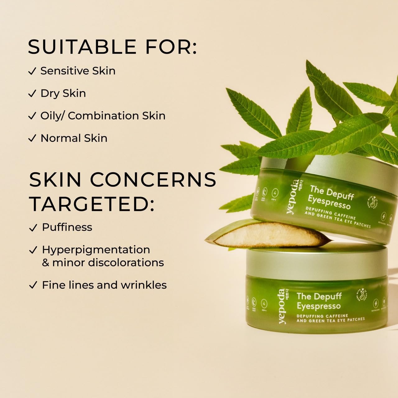 Yepoda The Depuff Eyespresso Caffeinated Green Tea Eye Patches - Reduce Puffiness and Revitalize Contour - Vegan, Korean, Suitable for All Skin Types - 60 pcs/90g