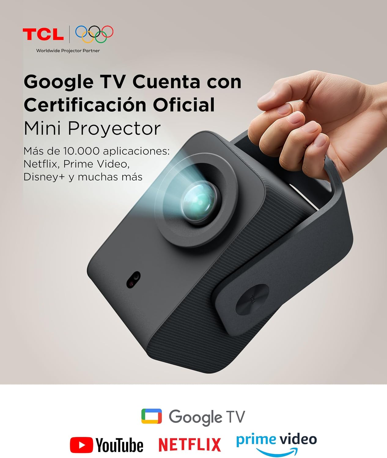 TCL C1 Portable Projector 4K Compatible, [GoogleTV/Netflix Intégrées] Mini Projector Full HD, Auto Focus and 6D Keystone, Dolby 8W, WiFi, Bluetooth, Adjustable to 285° for Home Cinema, Bedroom