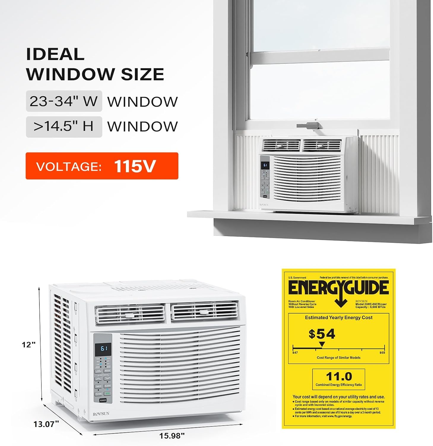 ROVSUN Ar condicionado para janelas, 6000 BTU, controlo remoto e temporizador, ideal para salas de até 250 metros quadrados, 110 V/60 Hz, branco