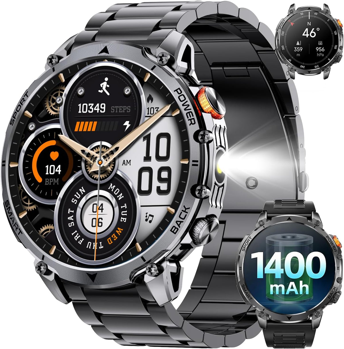 Military Men's Smartwatch, 1400 mAh, 1.7" Smartwatch, 2 Straps