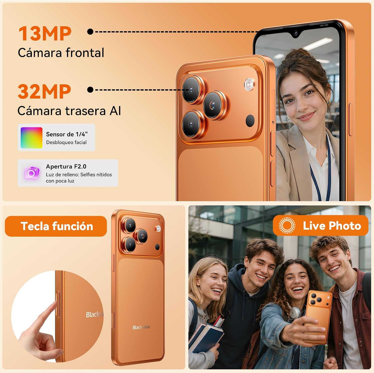 Blackview Wave 7C Android 16 Cheap Mobile Phone,128GB/2TB, 4G Dual SIM | 5000mAh, 32MP AI Camera, 6.56" HD+, Smartphone Free with Case, Face ID/3 Card Slots/IP54/3 Years Warranty