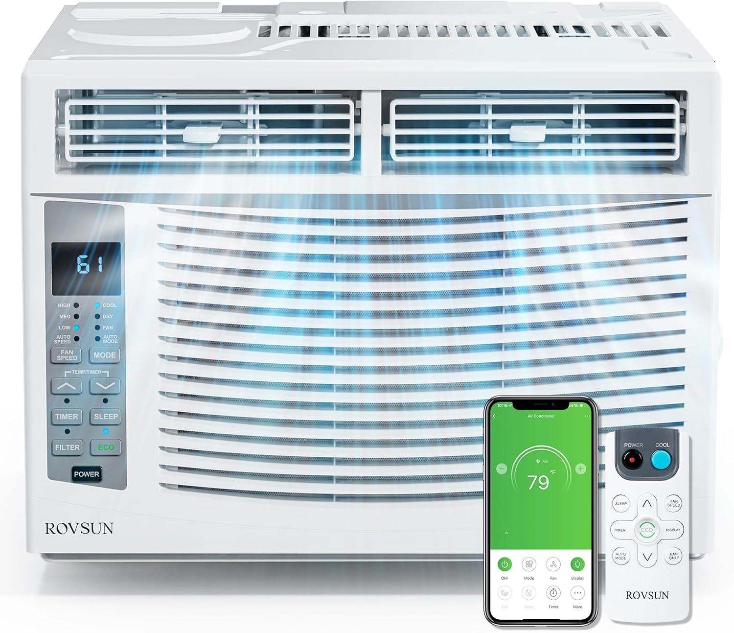 ROVSUN Ar condicionado para janelas, 6000 BTU, controlo remoto e temporizador, ideal para salas de até 250 metros quadrados, 110 V/60 Hz, branco