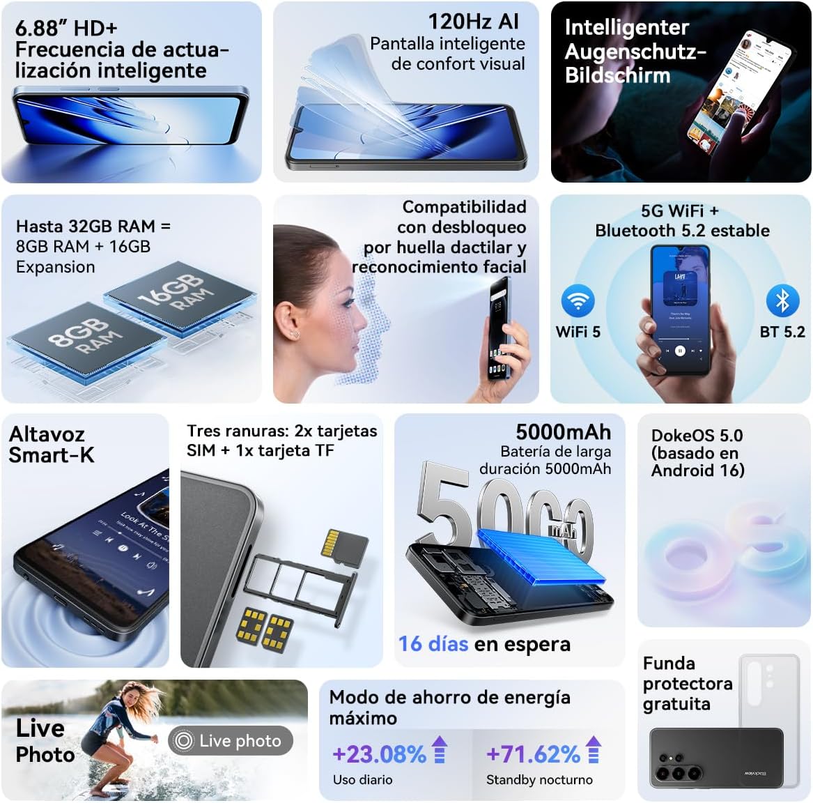Blackview WAVE 10 Telefone móvel barato bom Android 16,6,88" 120Hz, 32 + 13 MP 32 + 128 GB/2TB TF celulares, smartphone livre oferta 5000 mAh/3,5 mm/WiFi 5G/Face ID/Bloqueio. o Huella D. actilare, 3 anos de garantia