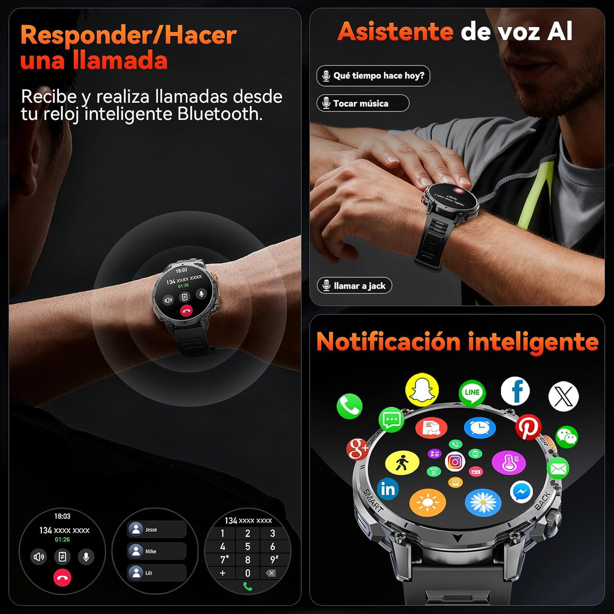 Military Men's Smartwatch, 1400 mAh, 1.7" Smartwatch, 2 Straps