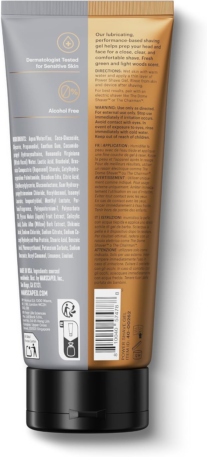 MANSCAPED Power Shave Gel, gel calmante para o barbear da cabeça e do rosto para homens, com esfoliantes líquidos para ajudar a proteger contra irritação e pêlos encravados, 177 ml