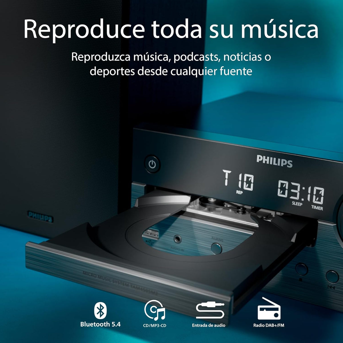 Philips TAM4555M2 Sistema micro Hi-Fi, 100W, altifalantes com Bass Reflex, DAB / FM, CD, USB, entrada de áudio, Bluetooth 5.4, Auracast, controlo remoto, pré-configurações de som digital, embalagem