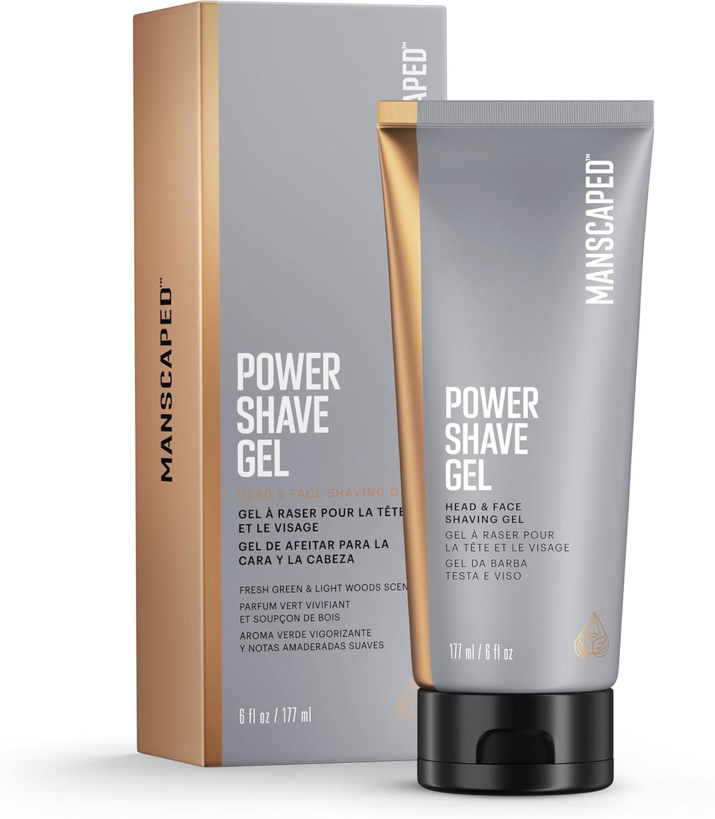 MANSCAPED Power Shave Gel, gel calmante para o barbear da cabeça e do rosto para homens, com esfoliantes líquidos para ajudar a proteger contra irritação e pêlos encravados, 177 ml