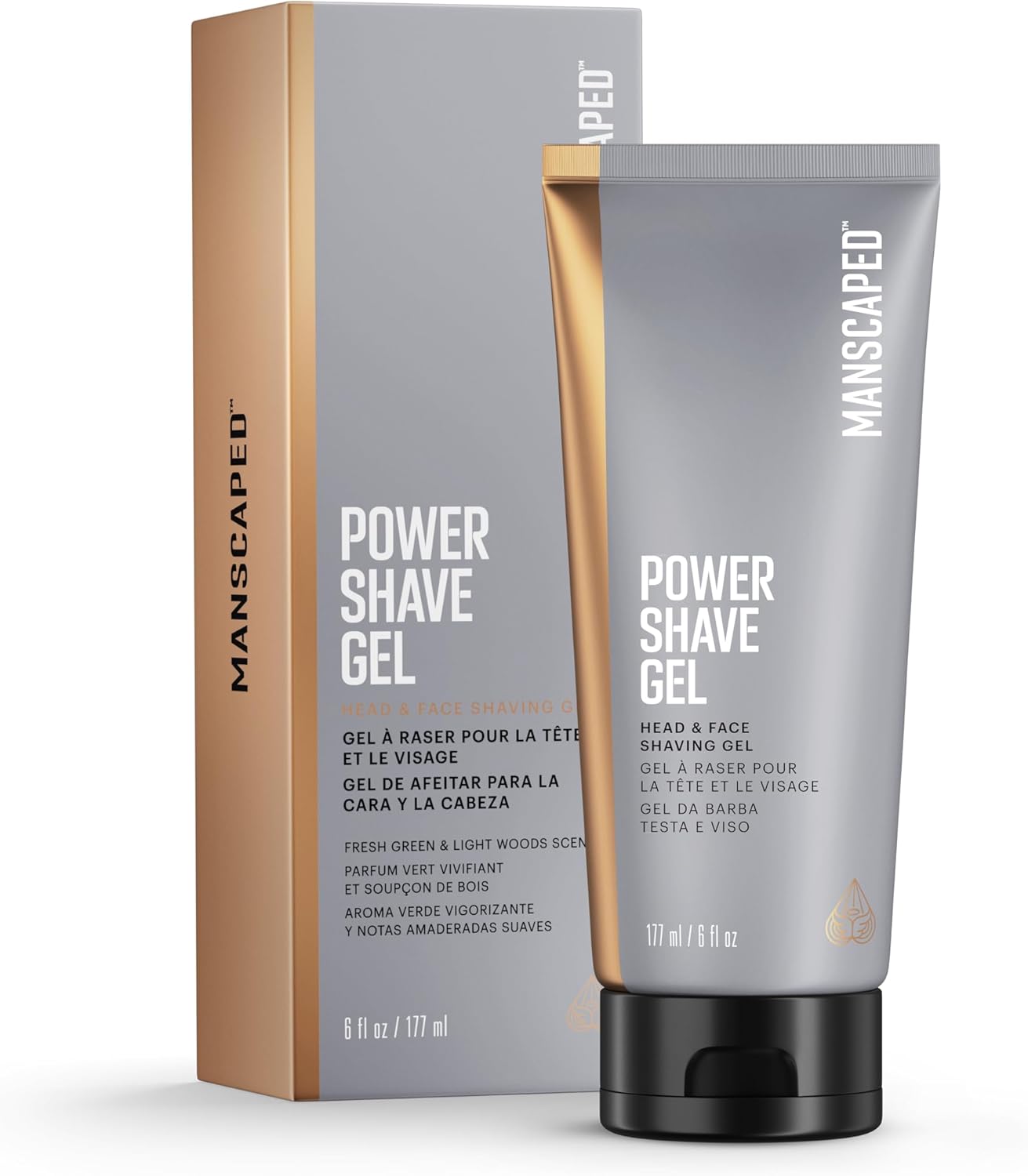 MANSCAPED Power Shave Gel, gel calmante para o barbear da cabeça e do rosto para homens, com esfoliantes líquidos para ajudar a proteger contra irritação e pêlos encravados, 177 ml
