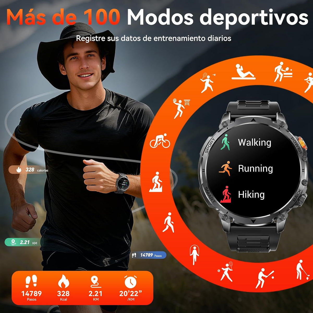 Military Men's Smartwatch, 1400 mAh, 1.7" Smartwatch, 2 Straps