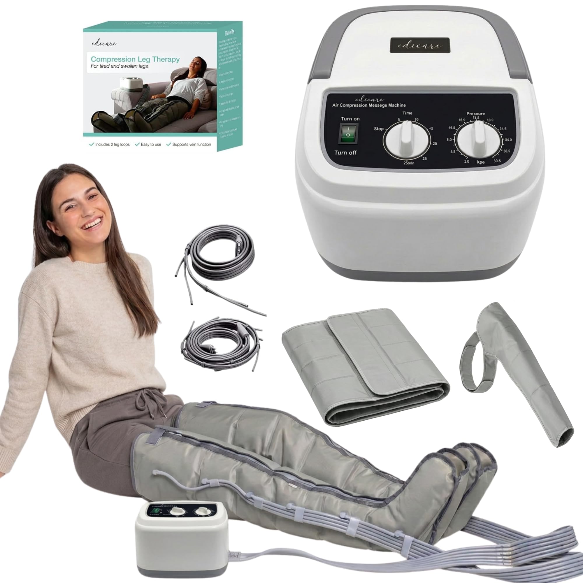 Edicare, Home Pressotherapy for Tired Legs and Feet, 6 Valves, Promotes Better Circulation, Lymphatic Drainage, Easy Use, Professional Efficiency (Device and Legs)