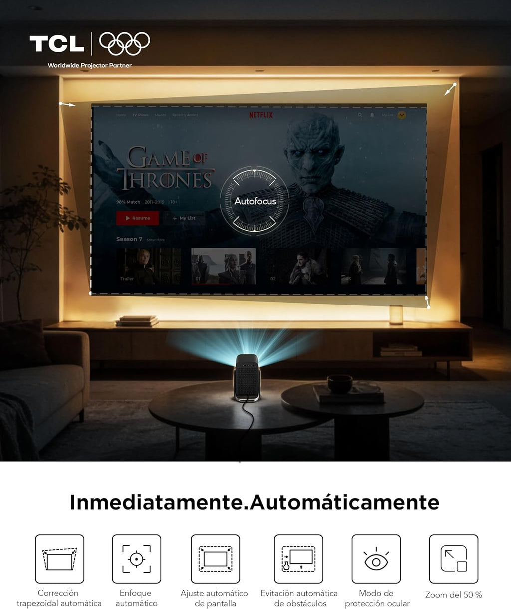 TCL C1 Portable Projector 4K Compatible, [GoogleTV/Netflix Intégrées] Mini Projector Full HD, Auto Focus and 6D Keystone, Dolby 8W, WiFi, Bluetooth, Adjustable to 285° for Home Cinema, Bedroom