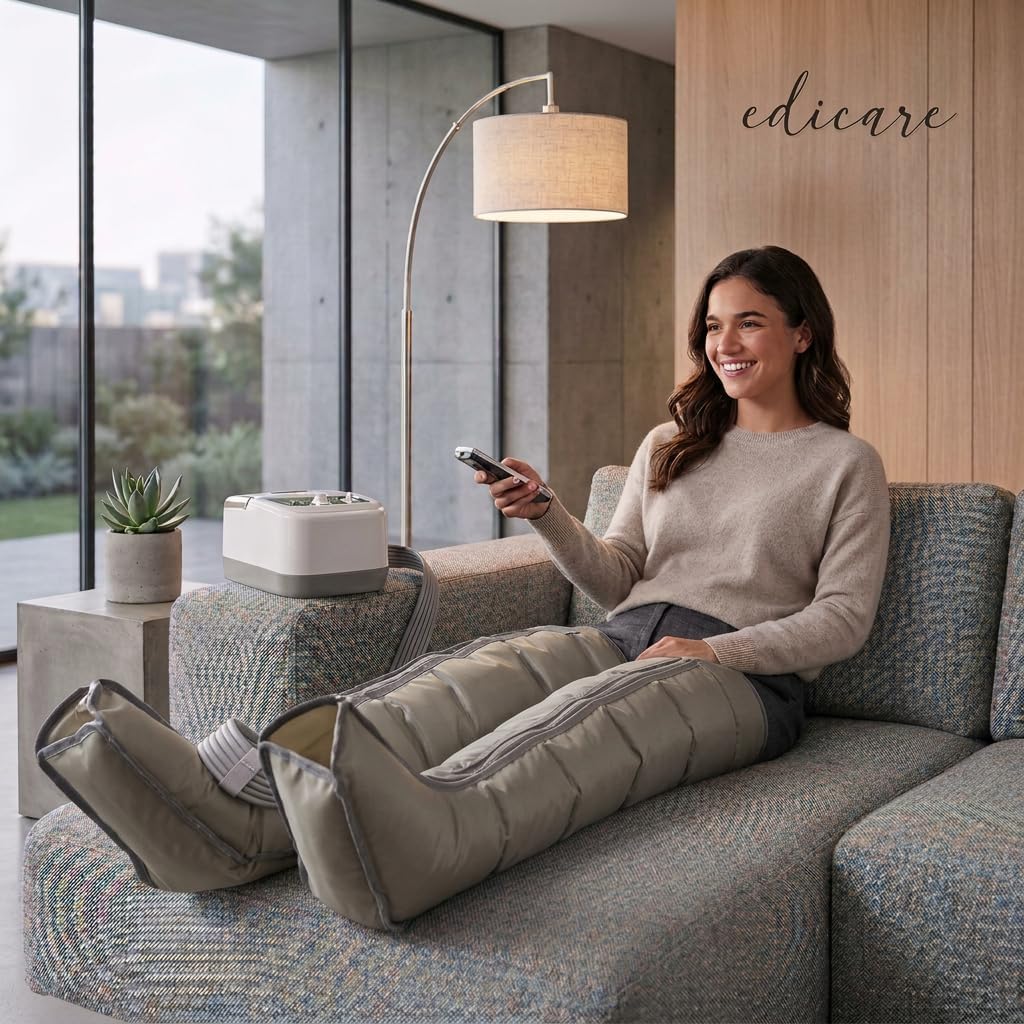 Edicare, Home Pressotherapy for Tired Legs and Feet, 6 Valves, Promotes Better Circulation, Lymphatic Drainage, Easy Use, Professional Efficiency (Device and Legs)