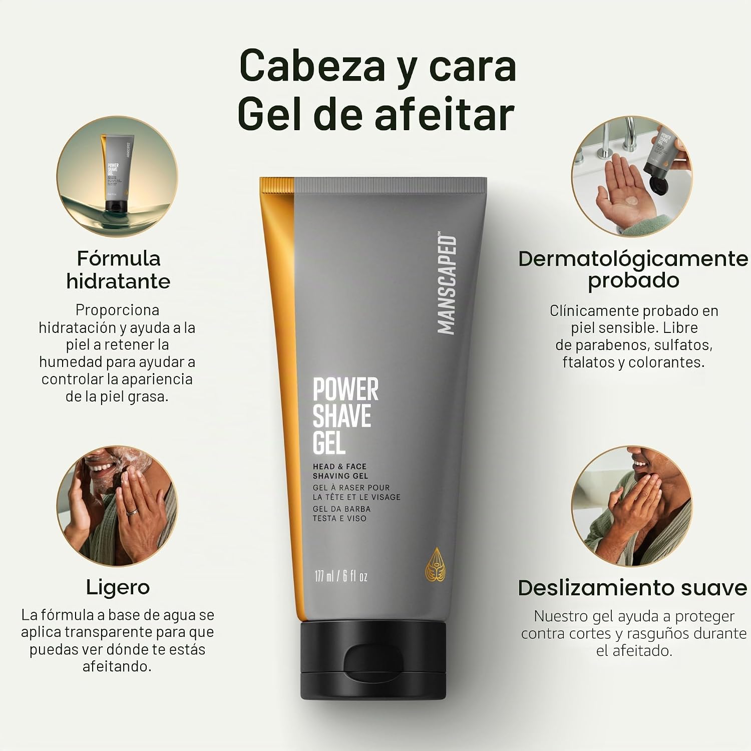 MANSCAPED Power Shave Gel, gel calmante para o barbear da cabeça e do rosto para homens, com esfoliantes líquidos para ajudar a proteger contra irritação e pêlos encravados, 177 ml
