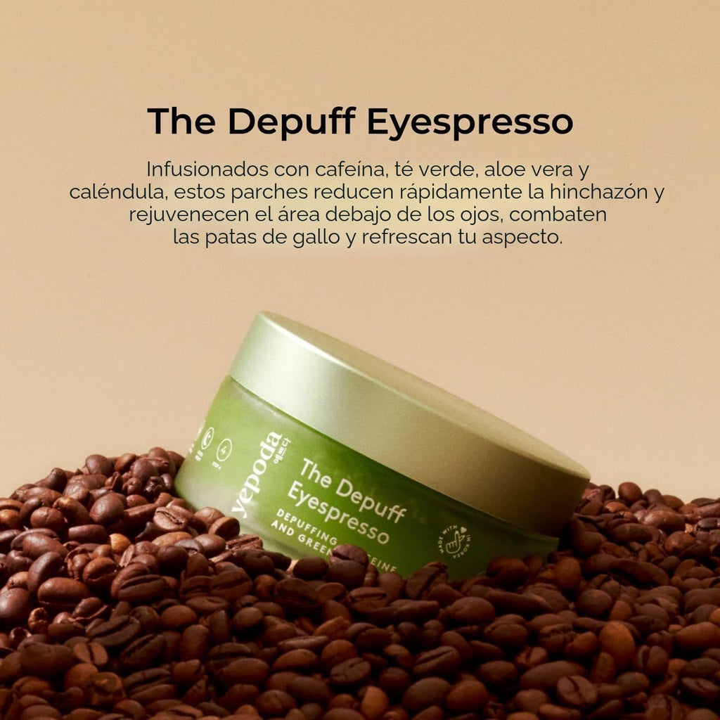 Yepoda The Depuff Eyespresso Caffeinated Green Tea Eye Patches - Reduce Puffiness and Revitalize Contour - Vegan, Korean, Suitable for All Skin Types - 60 pcs/90g