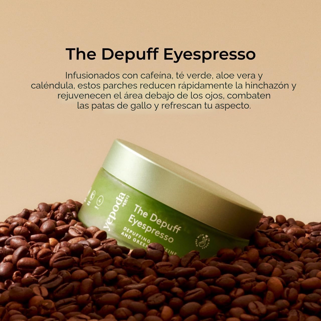 Yepoda The Depuff Eyespresso Caffeinated Green Tea Eye Patches - Reduce Puffiness and Revitalize Contour - Vegan, Korean, Suitable for All Skin Types - 60 pcs/90g