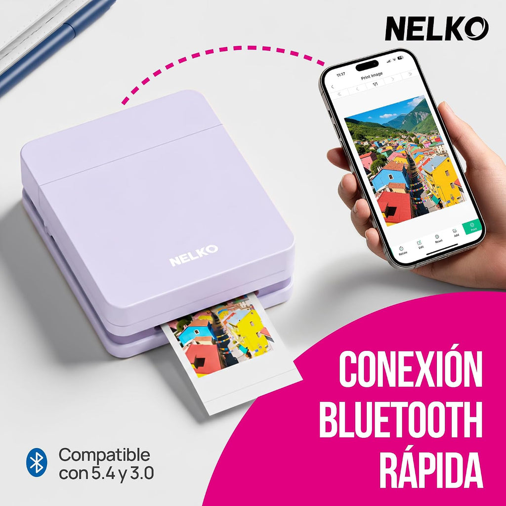 Nelko PP01 Mobile Photo Printer, Mini Portable Photo Printer, Purple | Equipped with 20 sheets of photo paper, color printing, suitable for travel registration