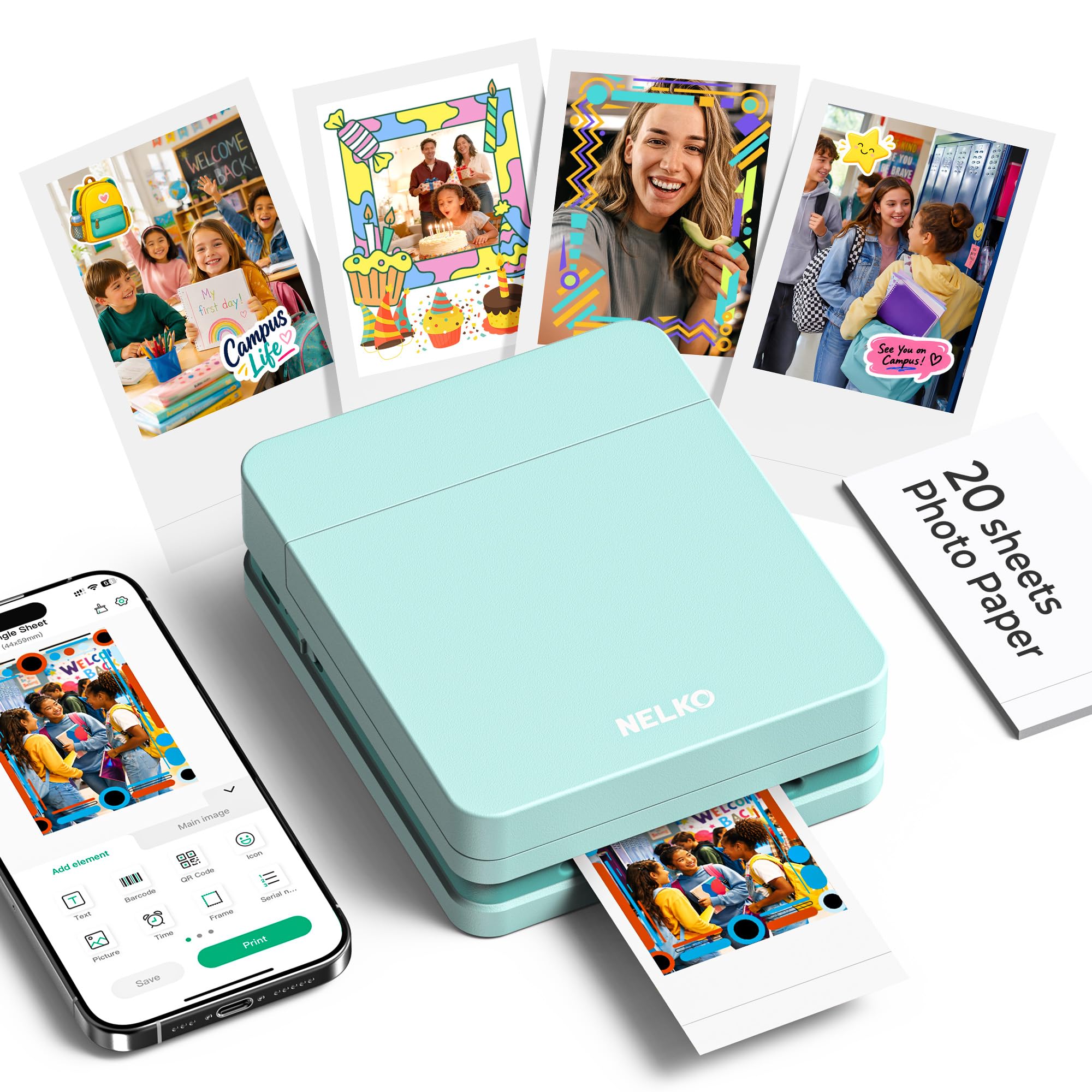Nelko PP01 Mobile Photo Printer, Mini Portable Photo Printer, Purple | Equipped with 20 sheets of photo paper, color printing, suitable for travel registration