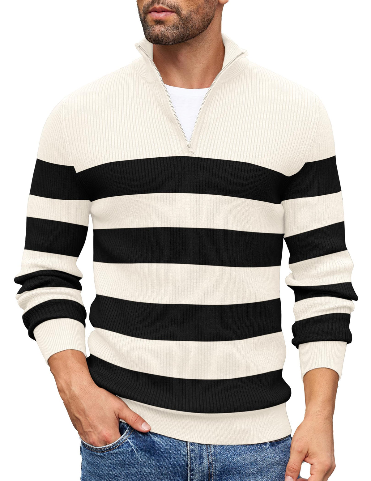 COOFANDY Sweater Men Winter Sweater Turtleneck Regular Fit Ribbed Pullover Quarter Zip Knitted Sweaters
