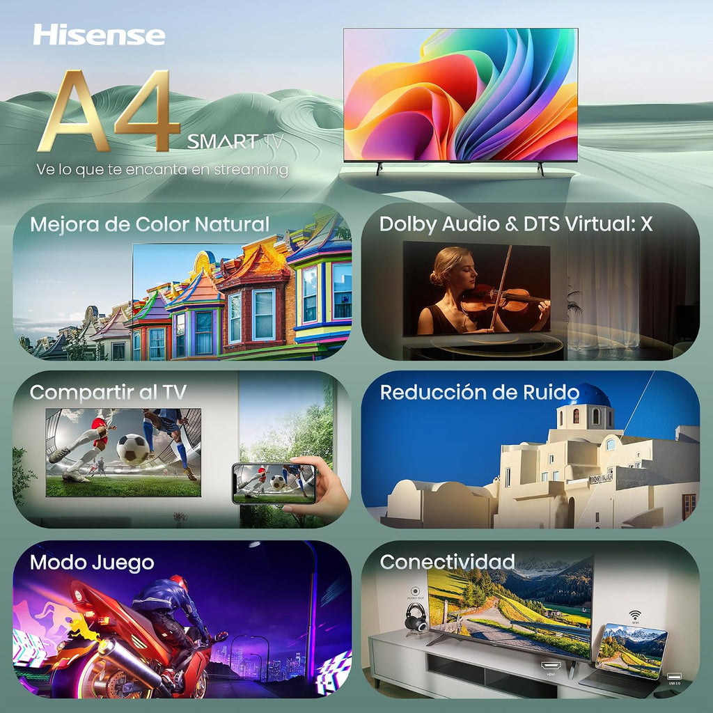 Hisense 40A4S, FHD Smart TV 40 polegadas, Enhancer de cor, Dolby áudio, Share to TV, redução de ruído, modo jogo, Airplay, Smart Home Ready