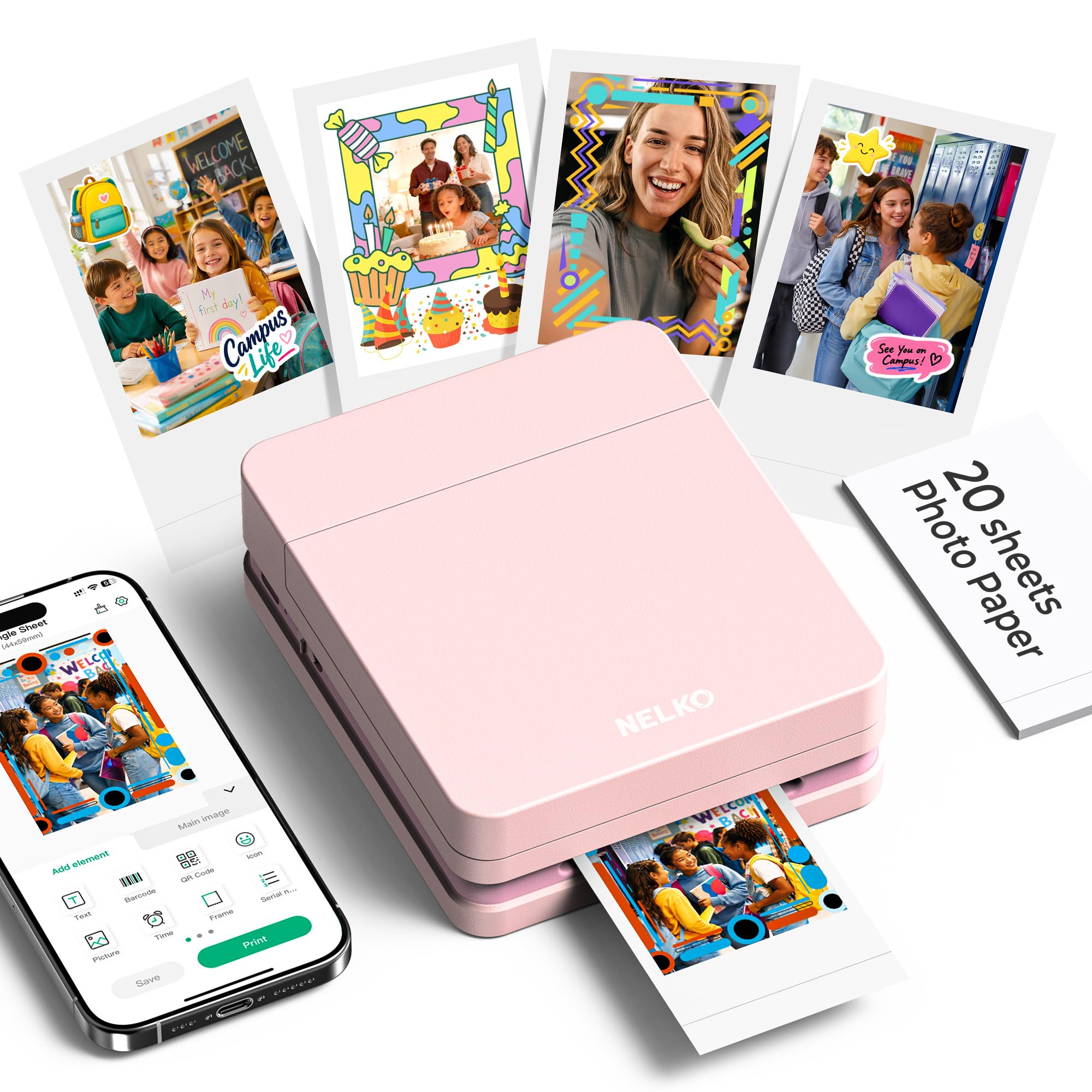 Nelko PP01 Mobile Photo Printer, Mini Portable Photo Printer, Purple | Equipped with 20 sheets of photo paper, color printing, suitable for travel registration