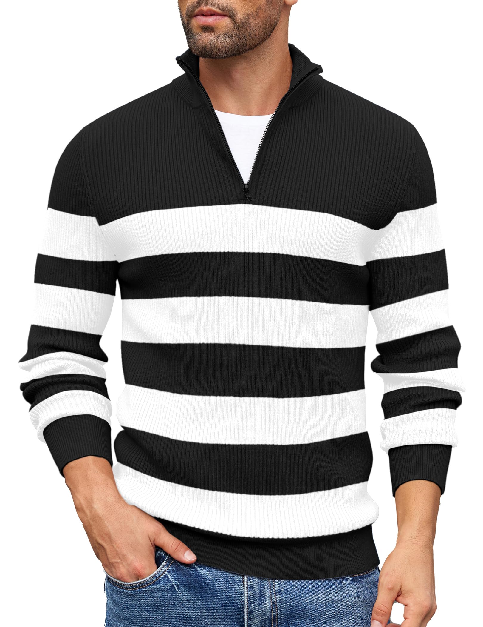 COOFANDY Sweater Men Winter Sweater Turtleneck Regular Fit Ribbed Pullover Quarter Zip Knitted Sweaters