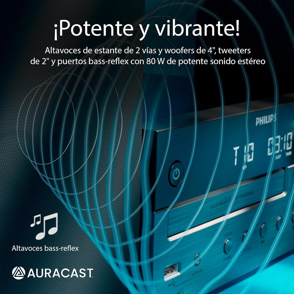 Philips TAM4555M2 Sistema micro Hi-Fi, 100W, altifalantes com Bass Reflex, DAB / FM, CD, USB, entrada de áudio, Bluetooth 5.4, Auracast, controlo remoto, pré-configurações de som digital, embalagem
