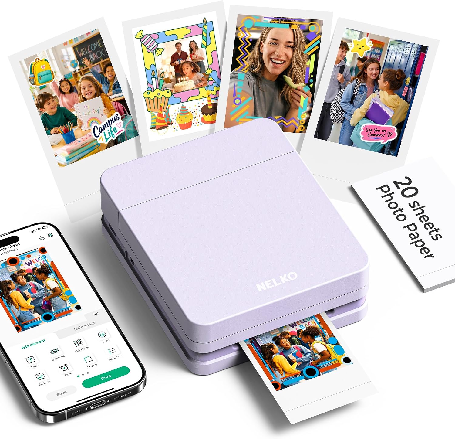 Nelko PP01 Mobile Photo Printer, Mini Portable Photo Printer, Purple | Equipped with 20 sheets of photo paper, color printing, suitable for travel registration