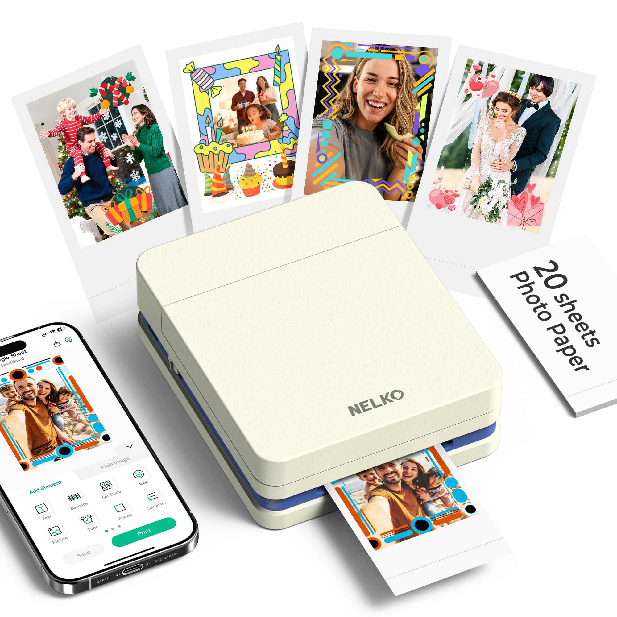 Nelko PP01 Mobile Photo Printer, Mini Portable Photo Printer, Purple | Equipped with 20 sheets of photo paper, color printing, suitable for travel registration