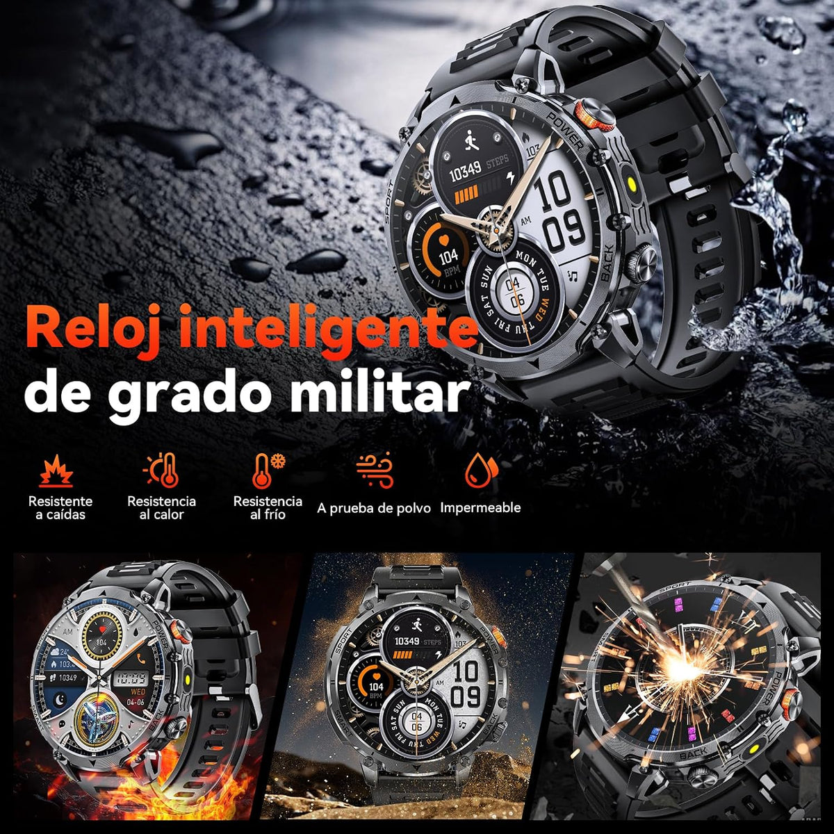 Military Men's Smartwatch, 1400 mAh, 1.7" Smartwatch, 2 Straps