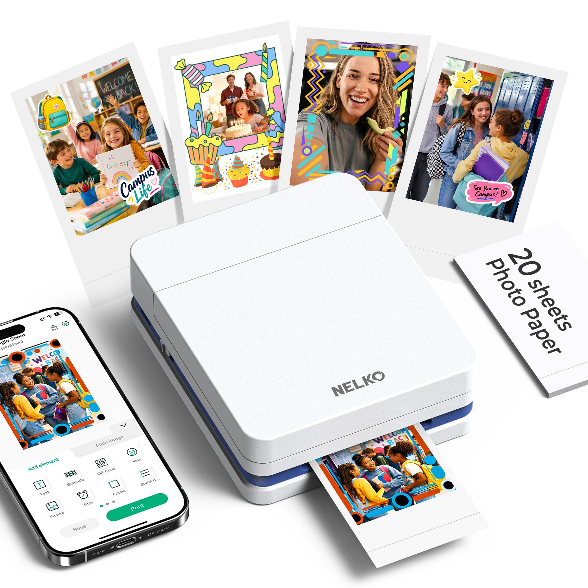 Nelko PP01 Mobile Photo Printer, Mini Portable Photo Printer, Purple | Equipped with 20 sheets of photo paper, color printing, suitable for travel registration